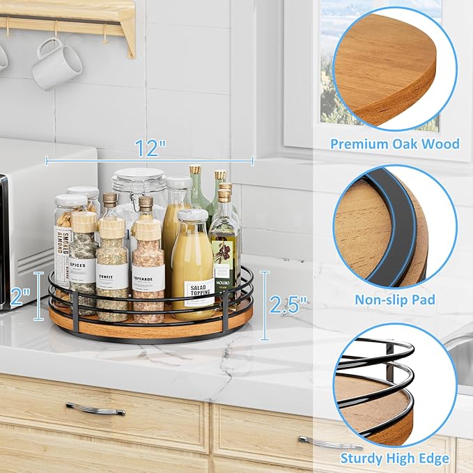12" Lazy Susan Turntable Organizer - Oak Wood Lazy Susan for Cabinet Kitchen Countertop Dining Table Pantry Cupboard Bathroom Coffee Bar Storage Spice Rack Home Decor-HomvellaHome