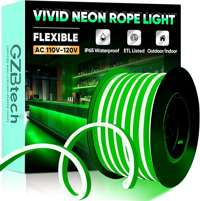 GZBtech Flexible LED Neon Rope Lights 50FT,AC 110-120V Waterproof Strip Light, 120 LEDs/M Cuttable Connectable Neon Lighting for Indoor Outdoor Home Decor/Commercial Building Use-Green 15M-HomvellaHome