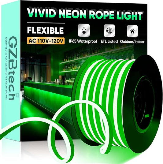 GZBtech Flexible LED Neon Rope Lights 50FT,AC 110-120V Waterproof Strip Light, 120 LEDs/M Cuttable Connectable Neon Lighting for Indoor Outdoor Home Decor/Commercial Building Use-Green 15M-HomvellaHome
