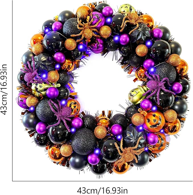17 Inch Halloween Ball Wreath for Front Door with Lights, Lighted Cute Treat-or-Trick Door Wreath Ball Ornament for Halloween Indoor Decorations Centerpiece Party Holiday Wall Home Decor-HomvellaHome