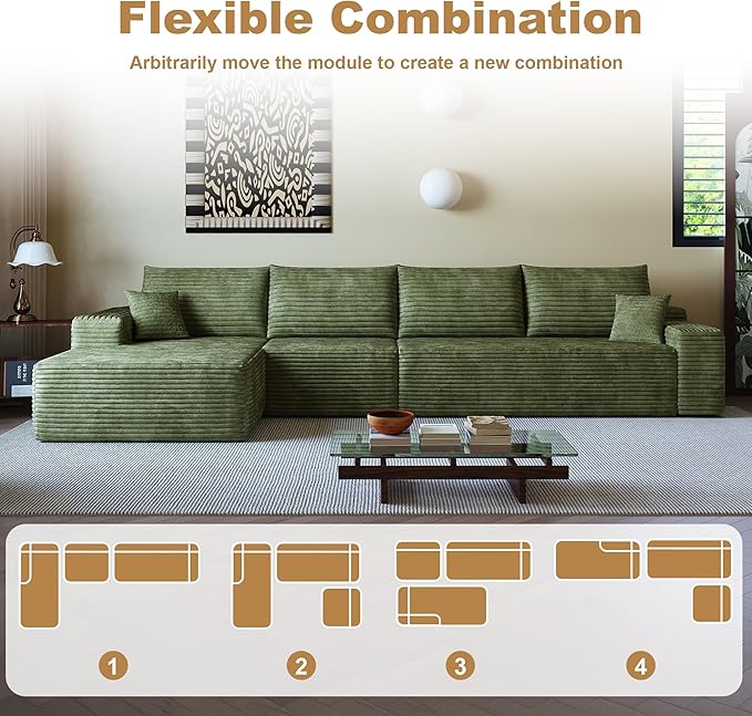 108" Sectional Couches for Living Room Modern Modular Sofa with L-Shape Couchs Upholstered Boneless Couch Deep Seat Sectional Couch with Chaise (Green, Left Facing Chaise+3Seaters)-HomvellaHome