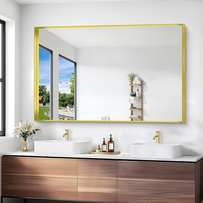 Gold Bathroom Mirror, 36x55 Inch Rectangular Deep Frame Mirror, Large Wall Mounted Bathroom Vanity Mirror Over Sink for Bedroom,Restroom, Living Room, Hangs Vertically or Horizontally-HomvellaHome