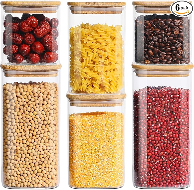 Glass Food Storage Jars with Lids(24oz/37oz/50oz)Square Set of 6 ,Glass Storage Containers Clear Glass Food Canister with Bamboo Lid Airtight For Serving Tea, Coffee Beans, Candy,Spice and More-HomvellaHome