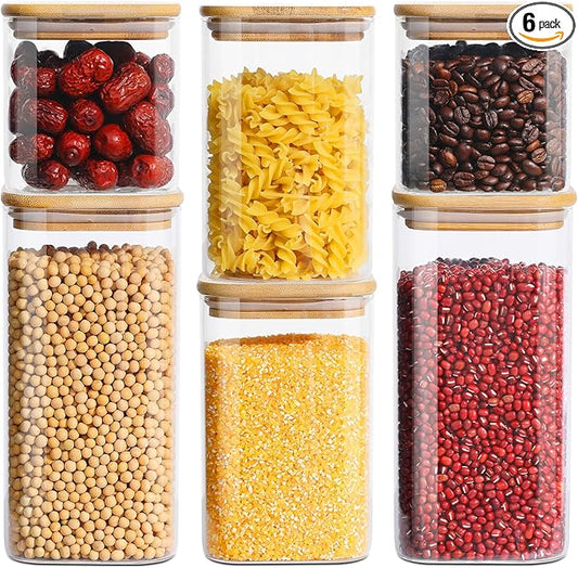 Glass Food Storage Jars with Lids(24oz/37oz/50oz)Square Set of 6 ,Glass Storage Containers Clear Glass Food Canister with Bamboo Lid Airtight For Serving Tea, Coffee Beans, Candy,Spice and More-HomvellaHome