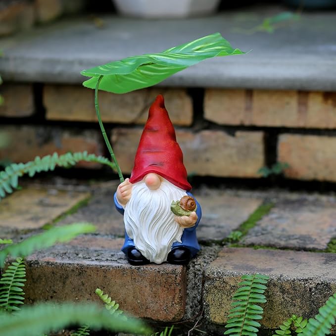 Garden Gnome Statue Decoration with Leaf Umbrella, 7.5” Figurine Ornament for Indoor Outdoor Home Patio Yard Lawn, for Gnome Lovers & Garden Enthusiasts，Mom，Women-HomvellaHome