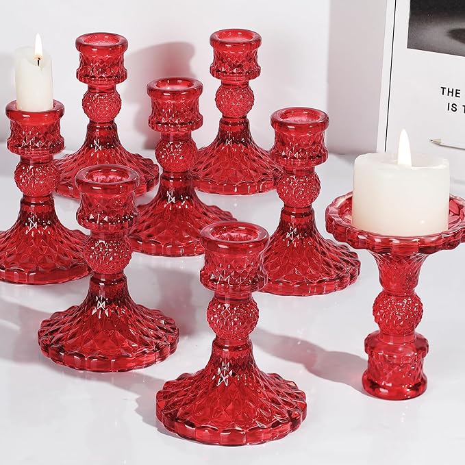 12Pcs Red Candlestick Holders Set- 4" H Taper Candle Holders Bulk, Glass Candle Holders for Activities, Party, Romantic Dinner Table Centerpieces, Festival Gifts & Windowsill Decor-HomvellaHome