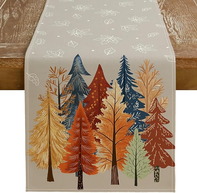 GEEORY Fall Watercolor Trees & Maple Leaves Table Runner 13x72 Inch, Rustic Farmhouse Autumn Thanksgiving Decor for Kitchen, Dining, Indoor/Outdoor Holiday Dinner Party Orange Grey GT159-72-HomvellaHome