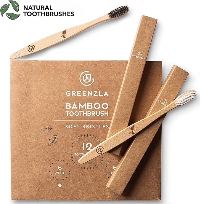 Greenzla Bamboo Toothbrushes for Adults – 12 Pack Wooden Toothbrush Set with Charcoal-Infused Soft Bristles, Natural Oral Care for Daily Use-HomvellaHome