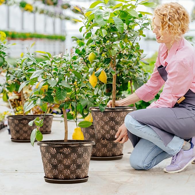 16 Inch Planter Pots for Plants, Plastic Large Flower Pots Indoor Outdoor, 4 Pack Resin Plant Pot with Drainage & Saucer, Retro Decorative Garden Pot with Removable Trays for House-HomvellaHome