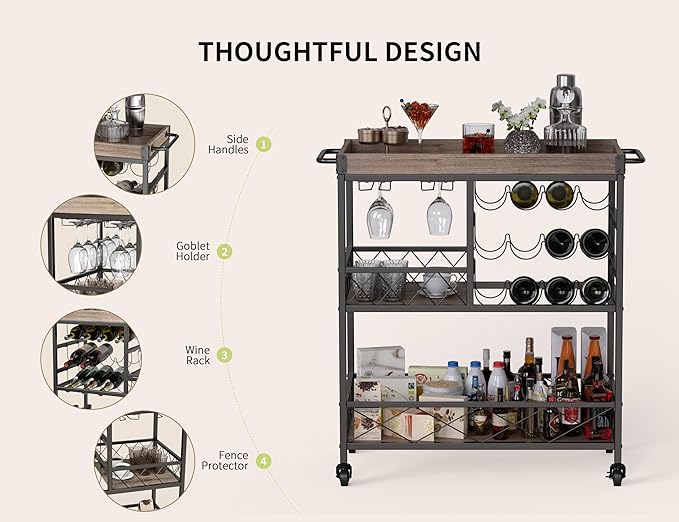 Gizoon Rolling Bar Cart, a Versatile Beverage Cart with a Removable Tray, 12-Bottle Wine Rack, and Glass Holder, The Bar Cart is Perfect for Kitchen, Dining Room, or Outdoor Use (Gray)-HomvellaHome