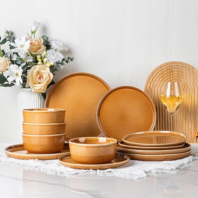 GBHOME Ceramic Dinnerware Sets for 4, 12 Pieces Stoneware Plates and Bowls Sets, Scratch Resistant Dishes, Dishwasher & Microwave Safe, Reactive Glaze-Amber-HomvellaHome