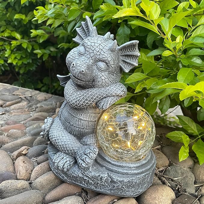 Garden Dragon Figurine Solar Powered Outdoor Cute Dragon with Hold Glowing Glass Ball Resin Sculpture for Porch Patio Lawn Farm Yard Home Decoration Gift for Women Housewarming-HomvellaHome