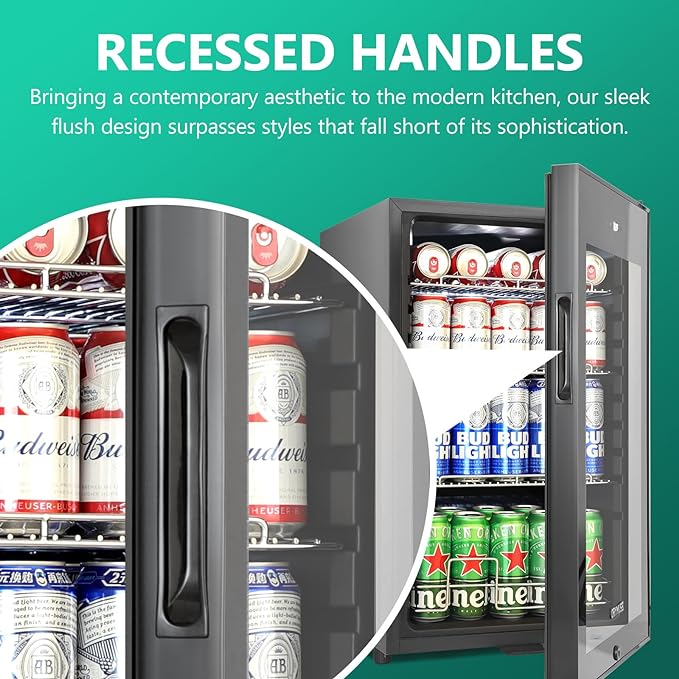 101 Cans Compressor Beverage Refrigerator, 17 Inch Drink Fridge with Glass Door, Adjustable Removable Shelves, Quiet Operation, Temp Memory, Beer Cooler for Soda, Beer, Water, Home Bar, Office-HomvellaHome