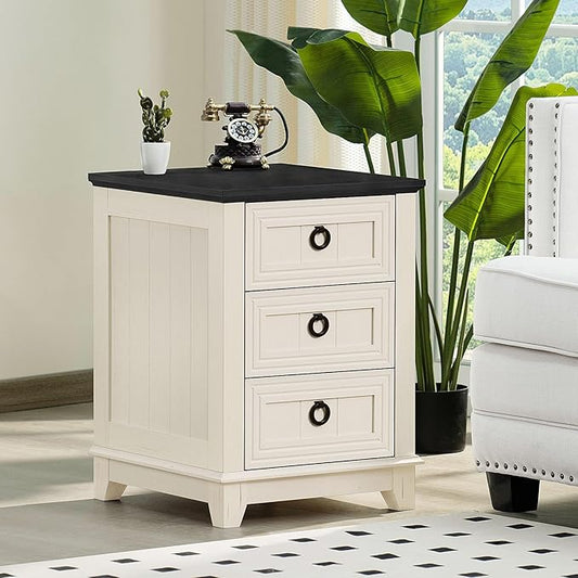 18" Farmhouse Night Stand with 3 Drawers, Wood End Table Dresser for Bedroom, White Nightstand, Bed Side Table with Metal Handle, Bedside Cabinet for Bedroom Living Room, Closet-HomvellaHome
