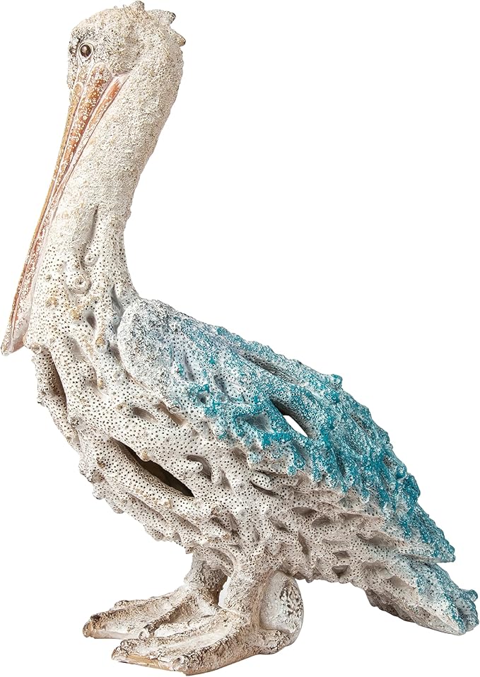 Blue Pelican Standing Figurine 13.75” Coastal Coral Reef Home Decor Nautical Beach Statue for Tabletop Shelf or Mantel Ocean Inspired Room Accents-HomvellaHome