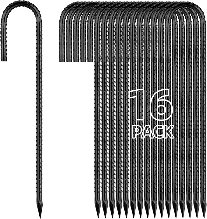 12 Inch Rebar Stakes J Hook Ground Stakes 16-Pack Heavy Duty Galvanized Chain Link Fence Stakes Metal Tent Stakes for Outdoor Lawn Decorations Inflatables Canopy Swing Set-HomvellaHome