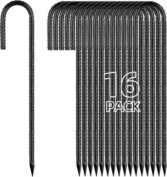 12 Inch Rebar Stakes J Hook Ground Stakes 16-Pack Heavy Duty Galvanized Chain Link Fence Stakes Metal Tent Stakes for Outdoor Lawn Decorations Inflatables Canopy Swing Set-HomvellaHome