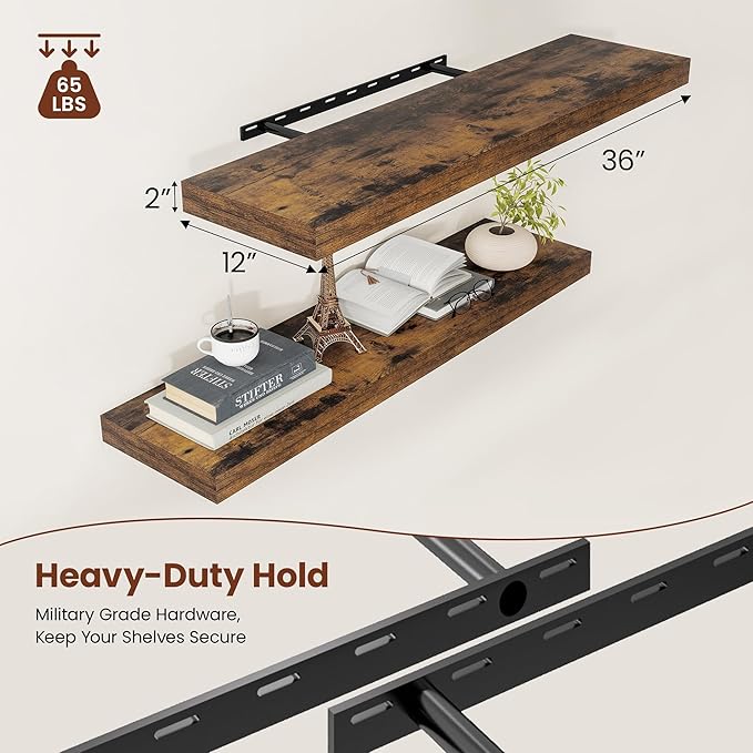 12" Deep Floating Shelves for Wall 36 Inches Long, Heavy Duty Wall Shelves for Bedroom Bathroom Kitchen Laundry Room, Farmhouse Rustic Shelves for Home Decor, 36" X 12" X 2" Set Of 2, Rustic Brown-HomvellaHome