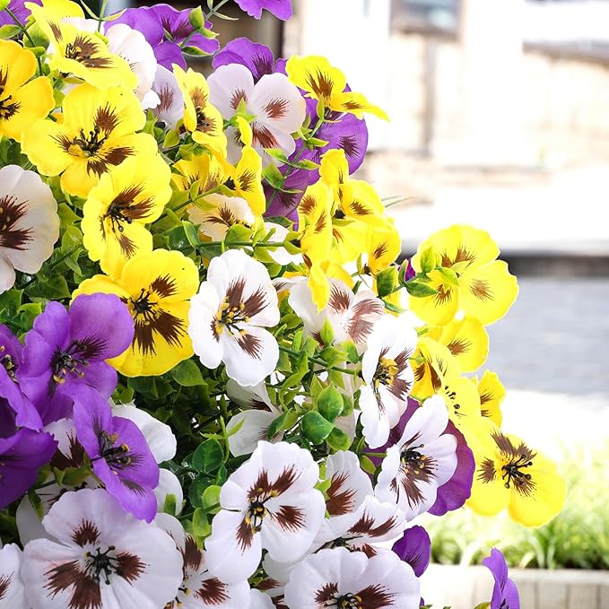 18 Bundles Artificial Fake Pansy Flowers for Outdoor, Faux UV Resistant Silk Pansies Flowers for Outside Planter Front Door Porch Yard Patio Window Box Home Decor (18, Purple, Yellow, White)-HomvellaHome