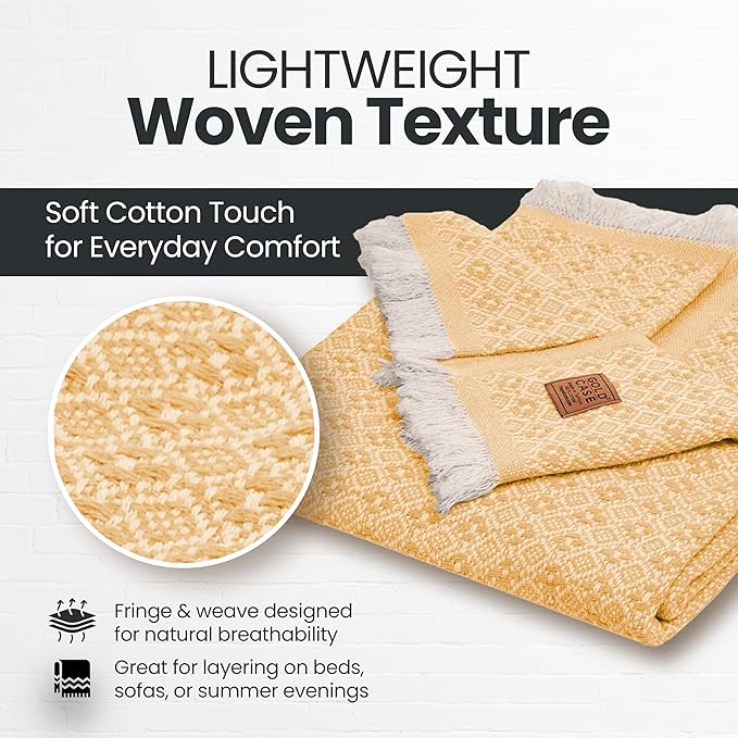 Gold Case Throw Blanket for Couch – 100% Recycled Turkish Cotton Blankets & Throws – Elegant Decorative Throw Blankets for Living Room Sofa – Woven Throws for Couch – Retro Mustard – 50x60-HomvellaHome