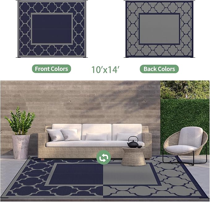 GENIMO 10 ' x 14 ' Outdoor Rug Waterproof for Patio Decor, Foldable Reversible Plastic Straw Area Rugs Mat for Camper, Outside Carpet for Rv, Deck, Porch, Picnic, Beach, Balcony, Blue & Grey-HomvellaHome