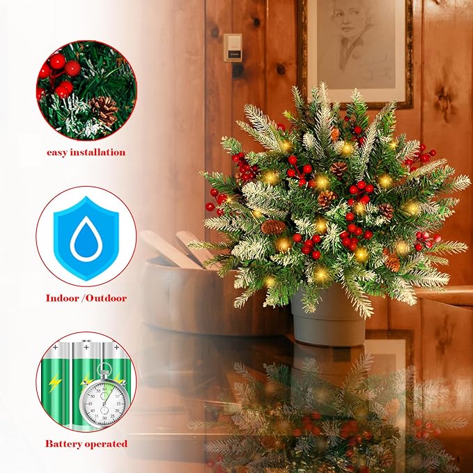 2 Pack Lighted Artificial Christmas Urn Filler, Battery Operated Pre-lit Xmas Pine Trees, Tripod Stake and 60 LED Lights, Holiday Porch Decorations for Porch, Yard, Garden, Flower Beds（Warm White）-HomvellaHome