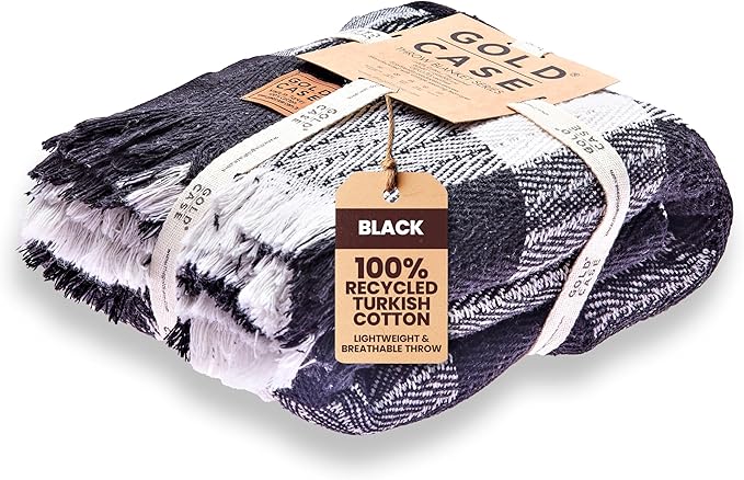 Gold Case Throw Blanket for Couch – 100% Recycled Turkish Cotton Blankets & Throws – Elegant Decorative Throw Blankets for Living Room Sofa – Woven Throws for Couch – Black – 60x80-HomvellaHome