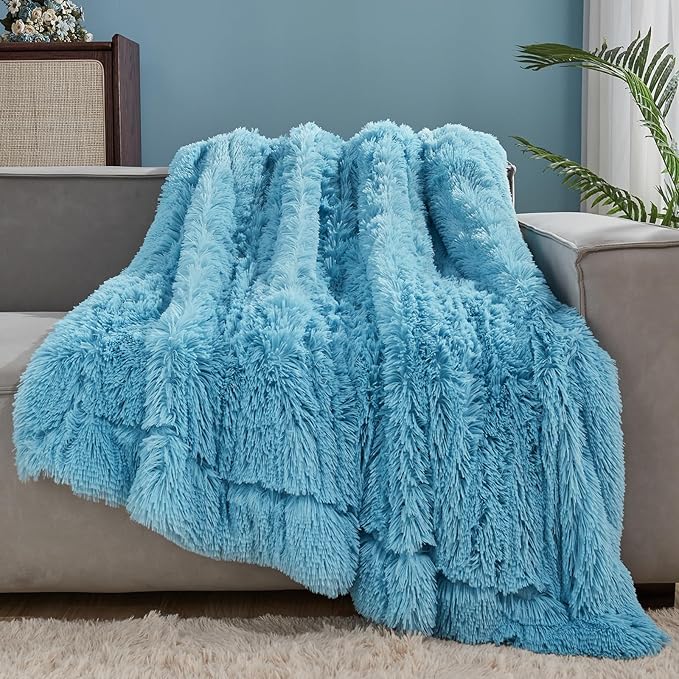 GONAAP Fuzzy Faux Fur Throw Blanket Twin Size Sky Blue Super Soft Cozy Plush Fuzzy Shaggy Blanket for Couch Sofa Bed (Sky Blue, Twin(60"x80"))-HomvellaHome