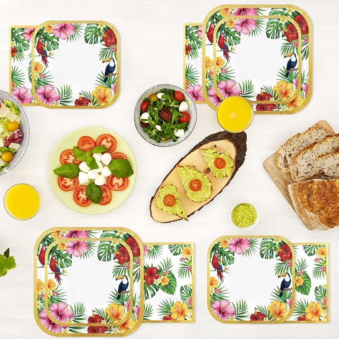 Grencian 200Pcs Hawaiian Luau Party Decorations Aloha Tropical Hibiscus Floral Luau Plates and Napkins Palm Leaf Tableware Sets for Summer Holiday Hawaiian Birthday Dinner Party Supplies Serves 50-HomvellaHome
