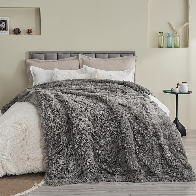GONAAP Fuzzy Faux Fur Throw Blanket Twin Size Light Grey Super Soft Cozy Plush Fuzzy Shaggy Blanket for Couch Sofa Bed (Light Grey, Twin(60"x80"))-HomvellaHome