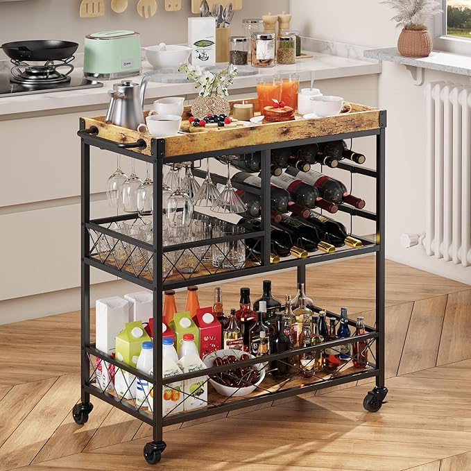 Gizoon Bar Cart, 3 Tier Coffee Cart with Lockable Wheels, 12-Bottle Wine Rack, and Hanging Glass Holder, Kitchen Rack with Removable Tray, for Kitchen, Dining Room, Entertaining, Club Party,Retro-HomvellaHome