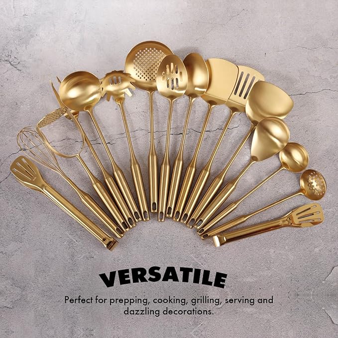 Gold Cooking Utensils Set - 18/10 Stainless Steel Large and Small Spoons Set, 16 PCS All Metal Kitchen Tools, Serving Utensils - Whisk, Masher, Fork, Tongs, Spatula, Ladle, Skimmer, Turner, Pasta-HomvellaHome