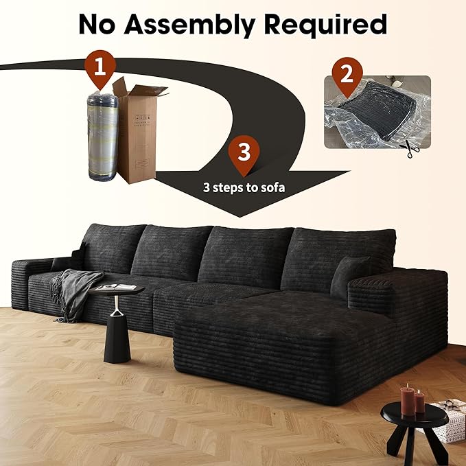 136" Sectional Couches for Living Room Modern Modular Sofa with L-Shape Couchs Upholstered Boneless Couch Deep Seat Sectional Couch with Chaise (Black, Right Facing Chaise+3Seaters)-HomvellaHome