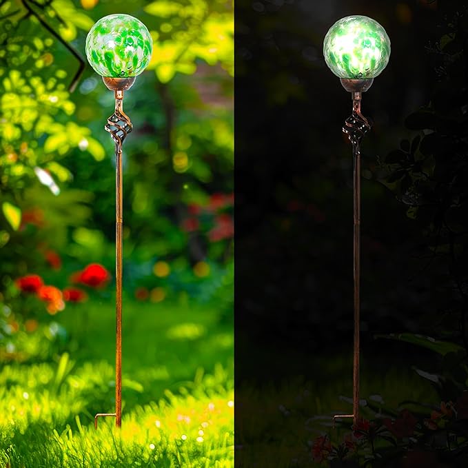 Garden Solar Lights, Decorative LED Honeycomb Glass Ball Garden Stake, Glass and Metal Outdoor Decoration, 4 x 31 Inch (Green)-HomvellaHome