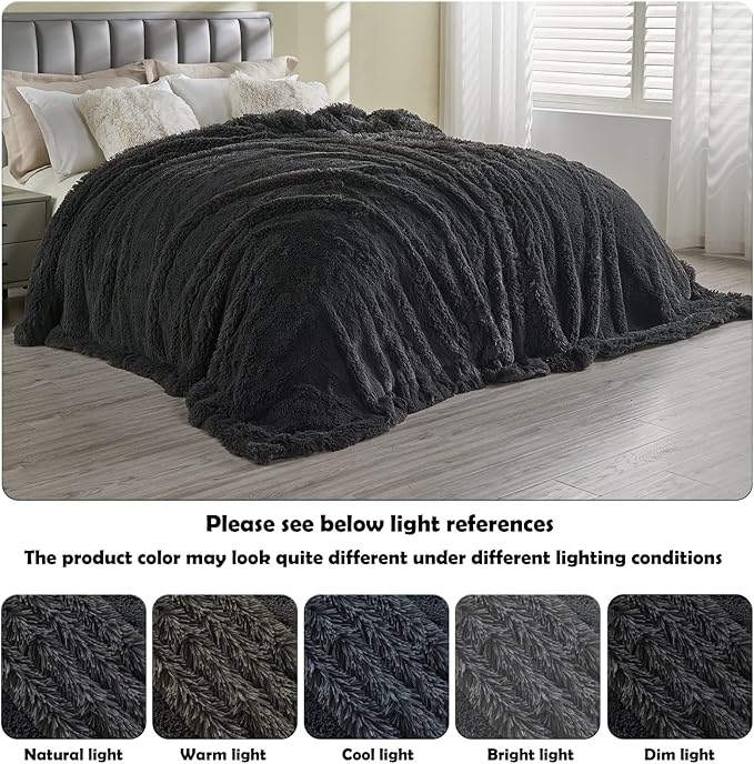 GONAAP Fuzzy Faux Fur Throw Blanket Queen Size Dark Grey Super Soft Cozy Plush Fuzzy Shaggy Blanket for Couch Sofa Bed (Dark Grey, Queen(90"x90"))-HomvellaHome