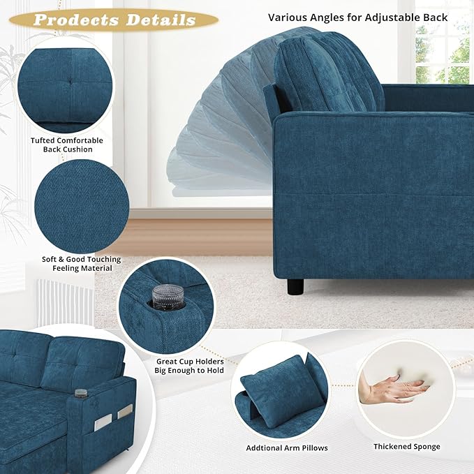 110 Inches Chenille Sectional Sofa w/Pull Out Sofa Bed & Adjustable Back, Tufted U Shaped Couch w/Two Storage Chaises, Sleeper Sectional Sofa w/USB Port & Cup Holders for Living Room, Blue-HomvellaHome