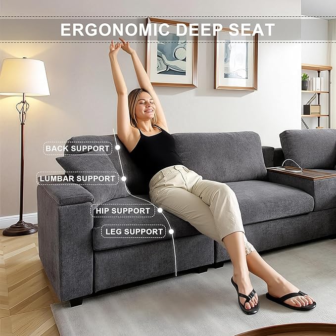 120.3" Modern L-Shaped Sectional Sofa with 360°Swivel Drop-Down Table, Storage Armrest, USB Ports & Movable Storage Ottoman – Plush Linen Cloud Couch for Lounge (Grey)-HomvellaHome