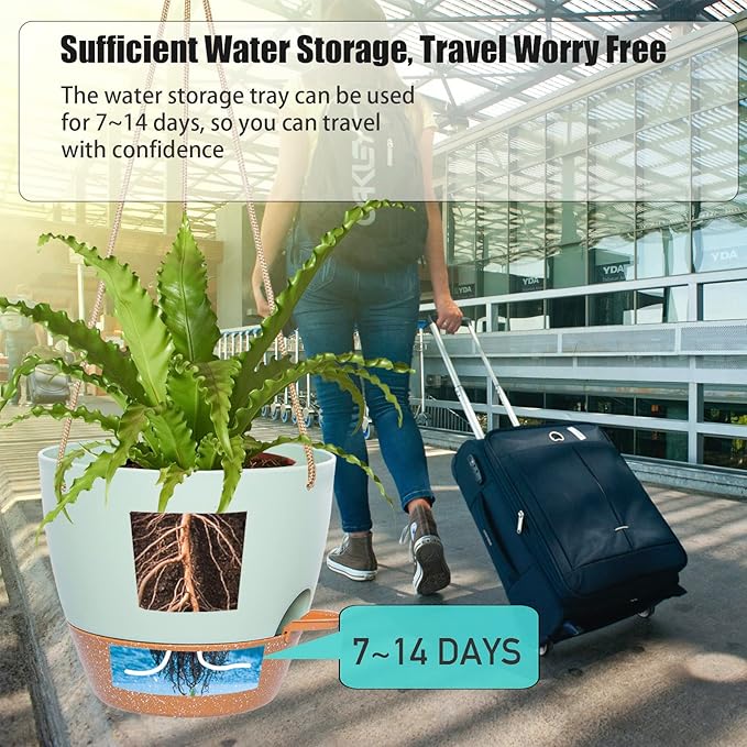 10 Inch Self Watering Hanging Pots, 2 Pack Hanging Planters with 40oZ Deep Reservior for Indoor Outdoor Plants Flowers, Green with Brown-HomvellaHome