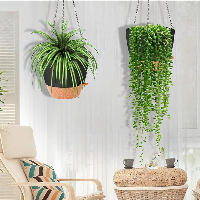 GARDIFE Hanging Planter, 10 inch Hanging planters for Indoor. Outdoor Plants, Self Watering Plant Pot, 2 Pack Large self Watering Hanging Planter, Black-HomvellaHome