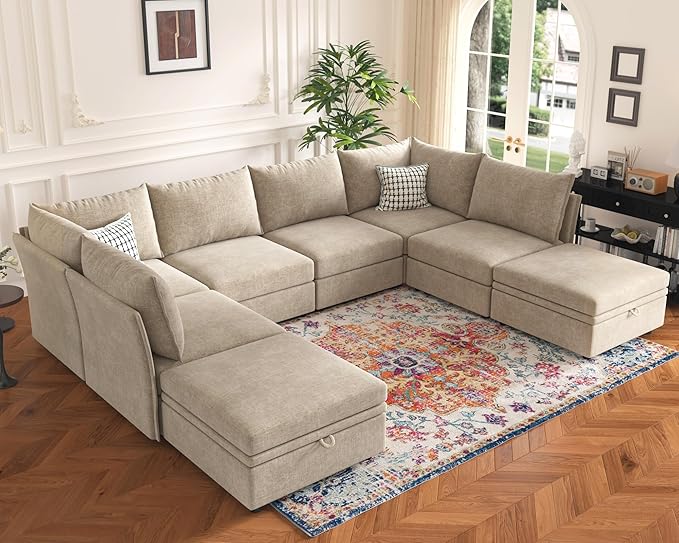 136.4" Oversized Modular Sectional Sleeper Sofa Bed, U Shaped Convertible Couch with Movable Ottoman, Large 8 Seat Corner Couches for Living Room Deep Seat Beige Chenille-HomvellaHome