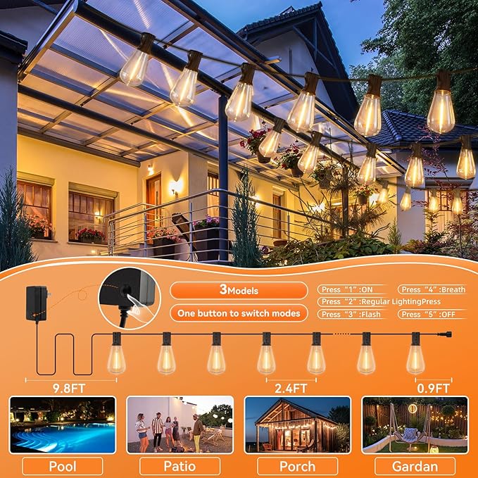 100 FT Outdoor String Lights for Outside, IP65 Waterproof ST38 LED Shatterproof Bulbs, Dimmable & Timable, 3 Light Modes, Hanging Patio Edison Lights for Porch Backyard Cafe Bistro-HomvellaHome