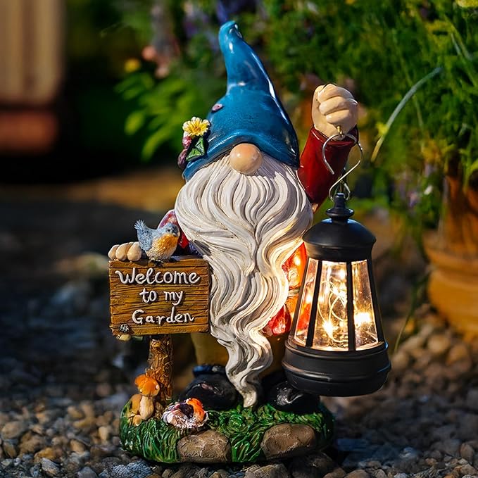 Garden Gnome Statues Figurine Lights - Solar Powered Lighting Outdoor Decorations with Lantern & Welcome Sign, Yard Art Lawn Ornaments for Porch Patio Balcony - Gnome Gifts for Women Mom-HomvellaHome