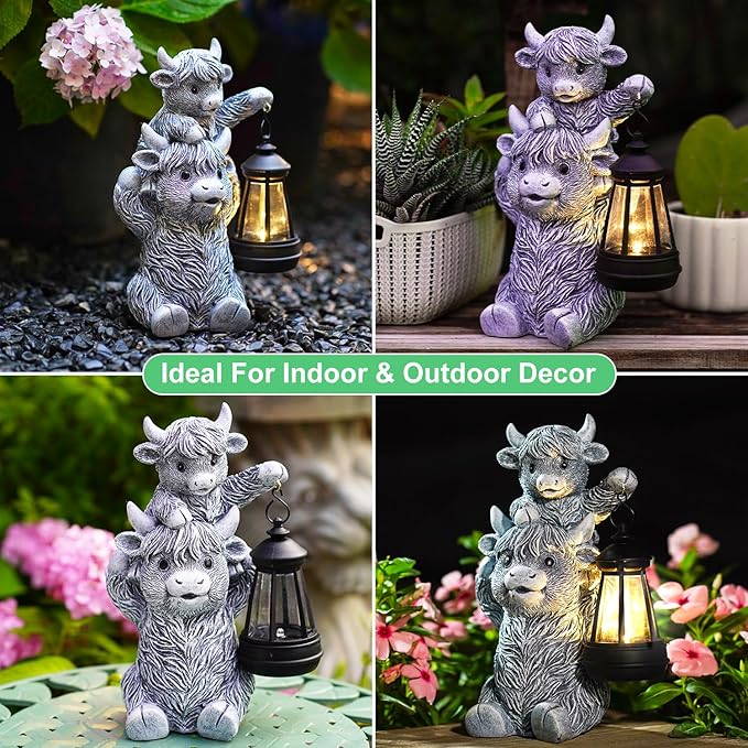 Goodeco 9.5 Inch Highland Cow with Solar Lantern – Resin Garden Decor, Outdoor Statue & Unique Highland Cow Gifts (Gray)-HomvellaHome