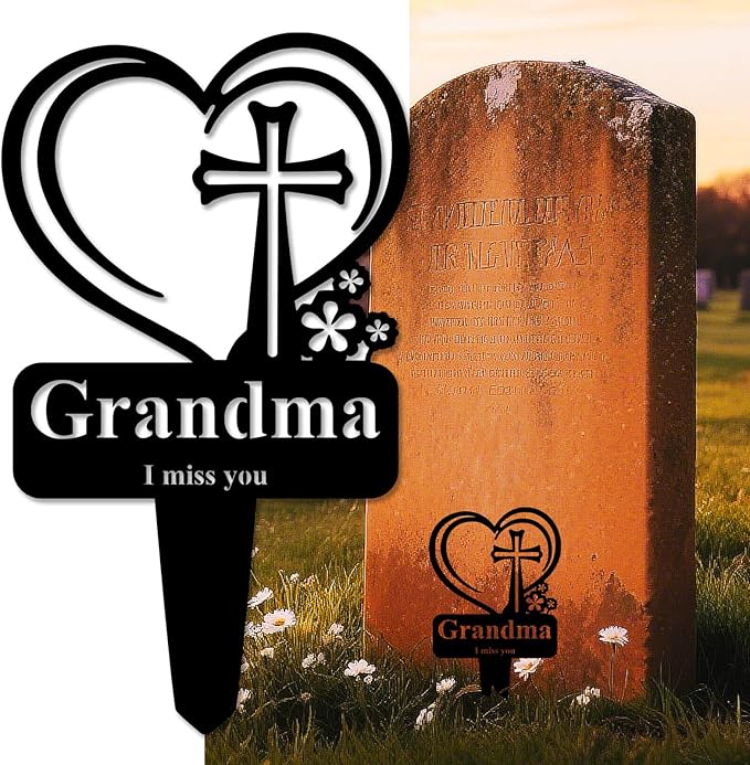 Grandma Memorial Grave Stake, Cemetery Decorations for Grave Markers 12.5 x 7.2 inch Heart Metal Sympathy Stakes Graveside Plaque Decor Sign for Grandma Graves, Yard, Garden - Black-Grandma-HomvellaHome