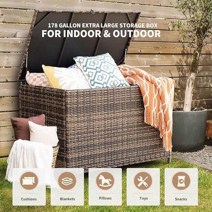 178 Gallon Outdoor Storage Box, Handle Large Portable Wicker Rattan Deck Box for Patio Furniture Cushions, Patio Deck Box with 2 WheelsThrow Pillows, Garden Tools and Pool Floats (Brown)-HomvellaHome