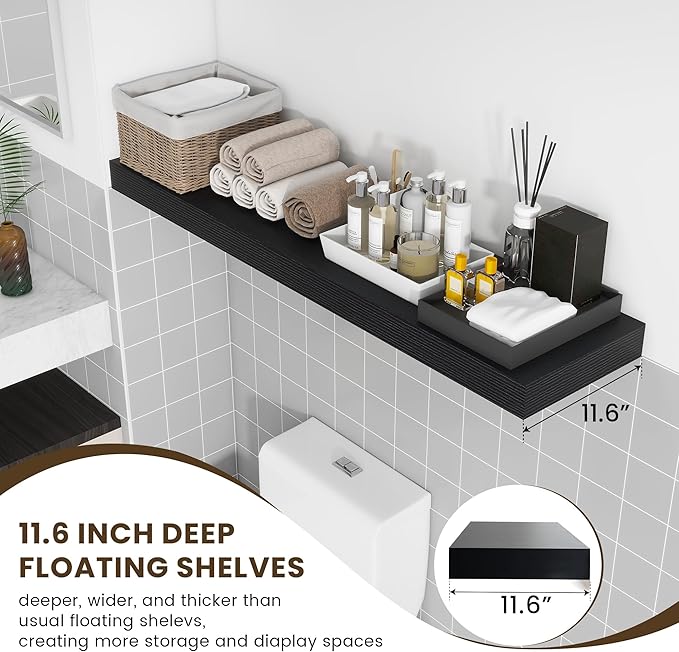 12'' Deep Floating Shelves, 48 Inch Large Floating Shelf Black, Deep Wall Shelves for Living Room Bathroom Laundry Room Bedroom Kitchen Home Office - Black-HomvellaHome