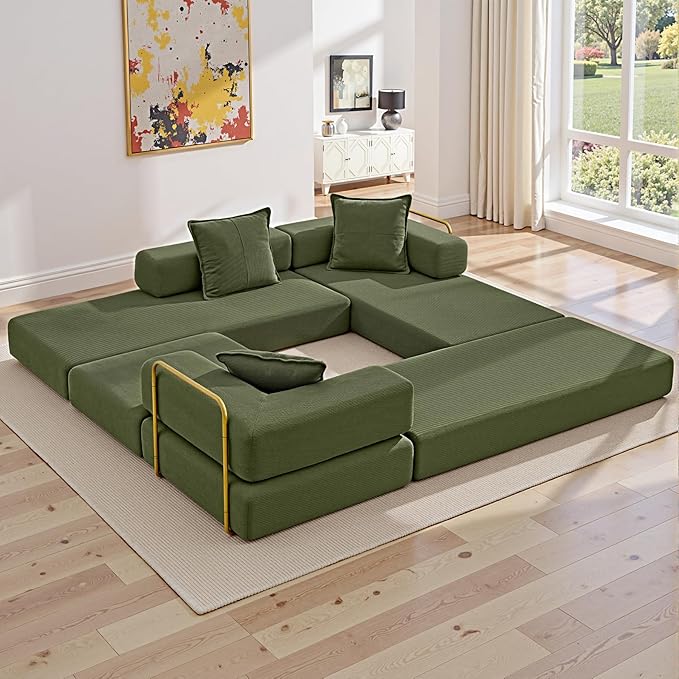 108" Oversized Convertible Sleeper Sofa Bed, Corduroy L Shape Sectional Couch, Folding Sofa Bed with Side Pocket, Modern Cloud Floor Mattress Couch, Modular Sofa for Living Room, Green-HomvellaHome