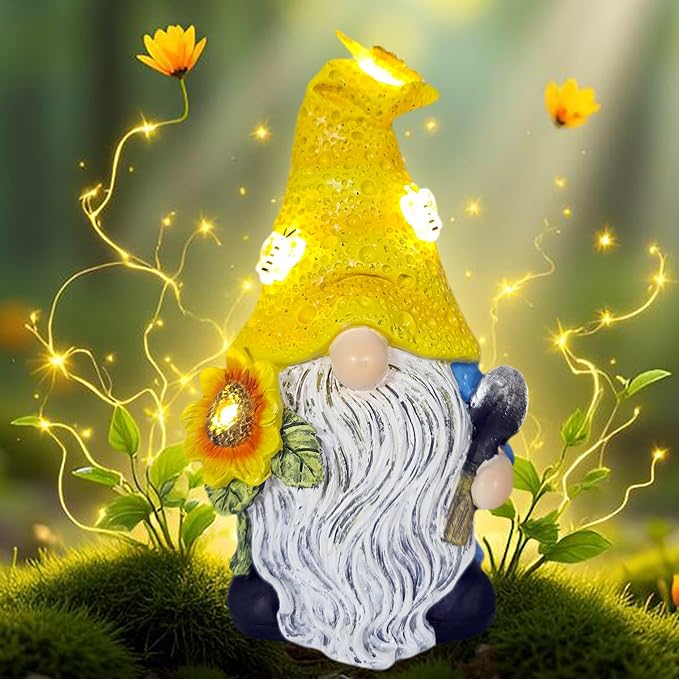 Garden Gnomes Outdoor Decor Solar Gnomes Statues with Butterfly Bee Sunflower Led Lighted Dwarf Outside Decorations for Yard Patio Lawn Ornaments Gifts for Women Mom-HomvellaHome