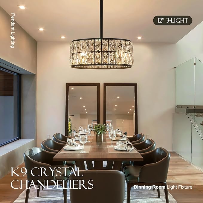 12” 3-Light Modern Crystal Chandeliers Black Dinning Room Light Fixture with Two Poles, Round Pendant Light Kitchen Island Chandelier, Flush Mount Ceiling Light for Living Room Entryway-HomvellaHome