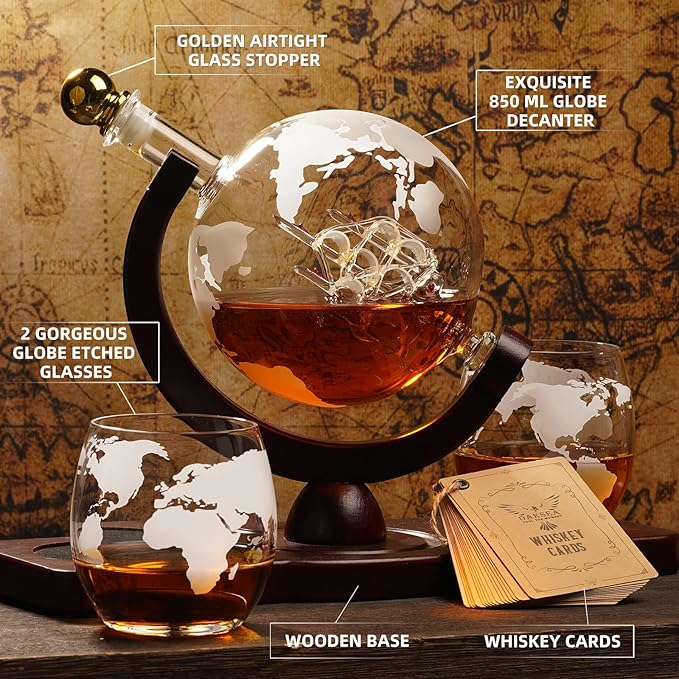 Gifts for Men Dad Husband from Wife Daughter Son, Unique Christmas Anniversary Birthday Gifts for Him, Whiskey Decanter Globe Set with 2 Glasses, Bourbon Scotch Liquor Cool Stocking Stuffers Presents-HomvellaHome